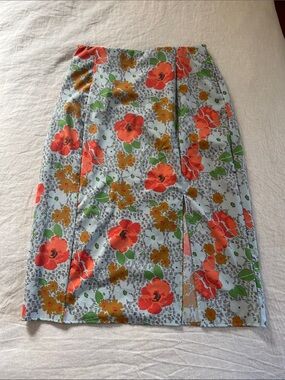 Toad&Co Light Blue Midi Skirt with Orange and Mustard Floral Print
